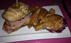 Juicy Cuban Sandwich (turkey ham, roasted pork, gouda cheese, and crispy potato wedges) Restaurant: Havana Moon  