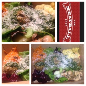 Kitchen Sink Salad with Quinoas Turkey meatballs and pesto sauce 